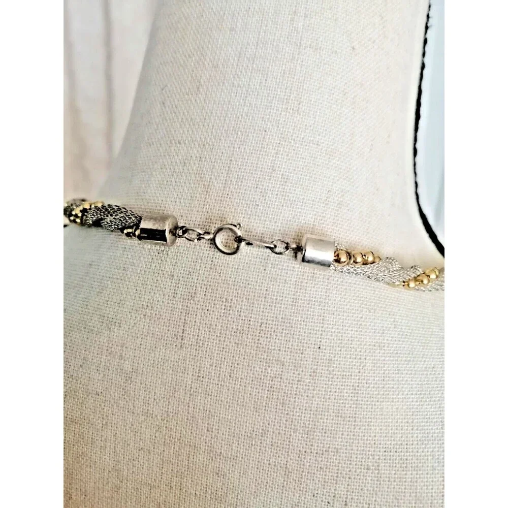 Vintage Silver Mesh Chain Twisted Gold Beaded Chain Collar Necklace Fancy
